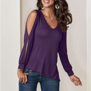 V-Neck Cold-Shoulder Top - Dark Purple